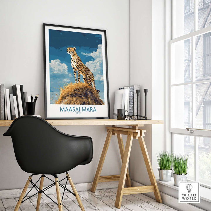 Maasai Mara poster featuring a cheetah, showcased in a stylish interior setting with modern decor.