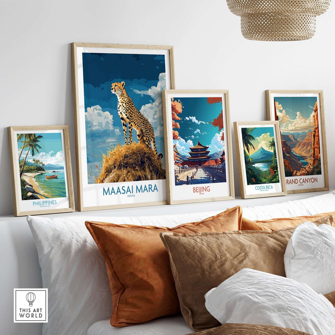 Maasai Mara poster featuring a cheetah alongside travel posters of the Philippines, Beijing, Costa Rica, and the Grand Canyon.