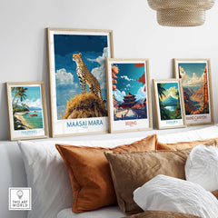 Maasai Mara Poster Kenya displayed among travel art prints with a cheetah image and vibrant colors.
