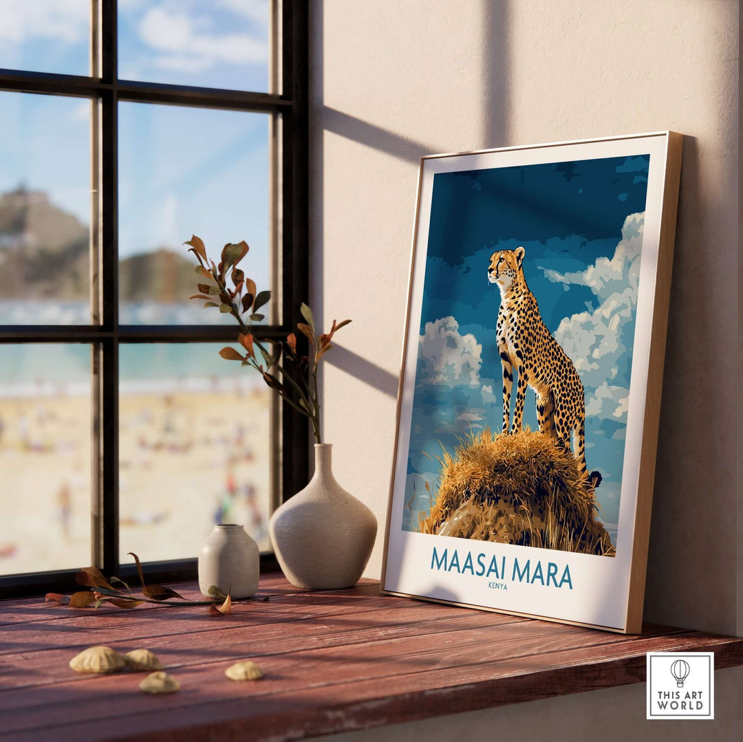 Maasai Mara poster featuring a cheetah, showcasing the beauty of Kenya's savannah near a sunny window.