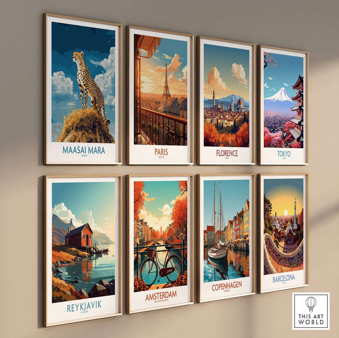 Maasai Mara poster showcasing a cheetah alongside city posters from Paris, Florence, Tokyo, Reykjavik, Amsterdam, Copenhagen, and Barcelona.