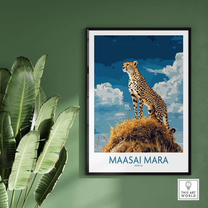 Maasai Mara poster featuring a majestic cheetah, showcasing the beauty of Kenya's savannah. Perfect for nature lovers.