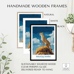 Maasai Mara Poster Kenya framed in handmade wooden frames available in natural, white, and black options.
