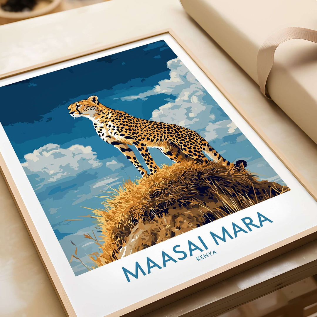 Maasai Mara poster featuring a cheetah atop a grassy hill, showcasing the beauty of Kenya's African savannah.