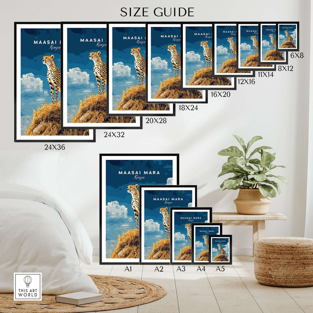 Size guide for Maasai Mara Print Kenya showcasing various frame sizes and a cheetah illustration in a living space.