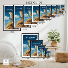 Size guide for Maasai Mara Print Kenya artwork showcasing various frame sizes and designs.