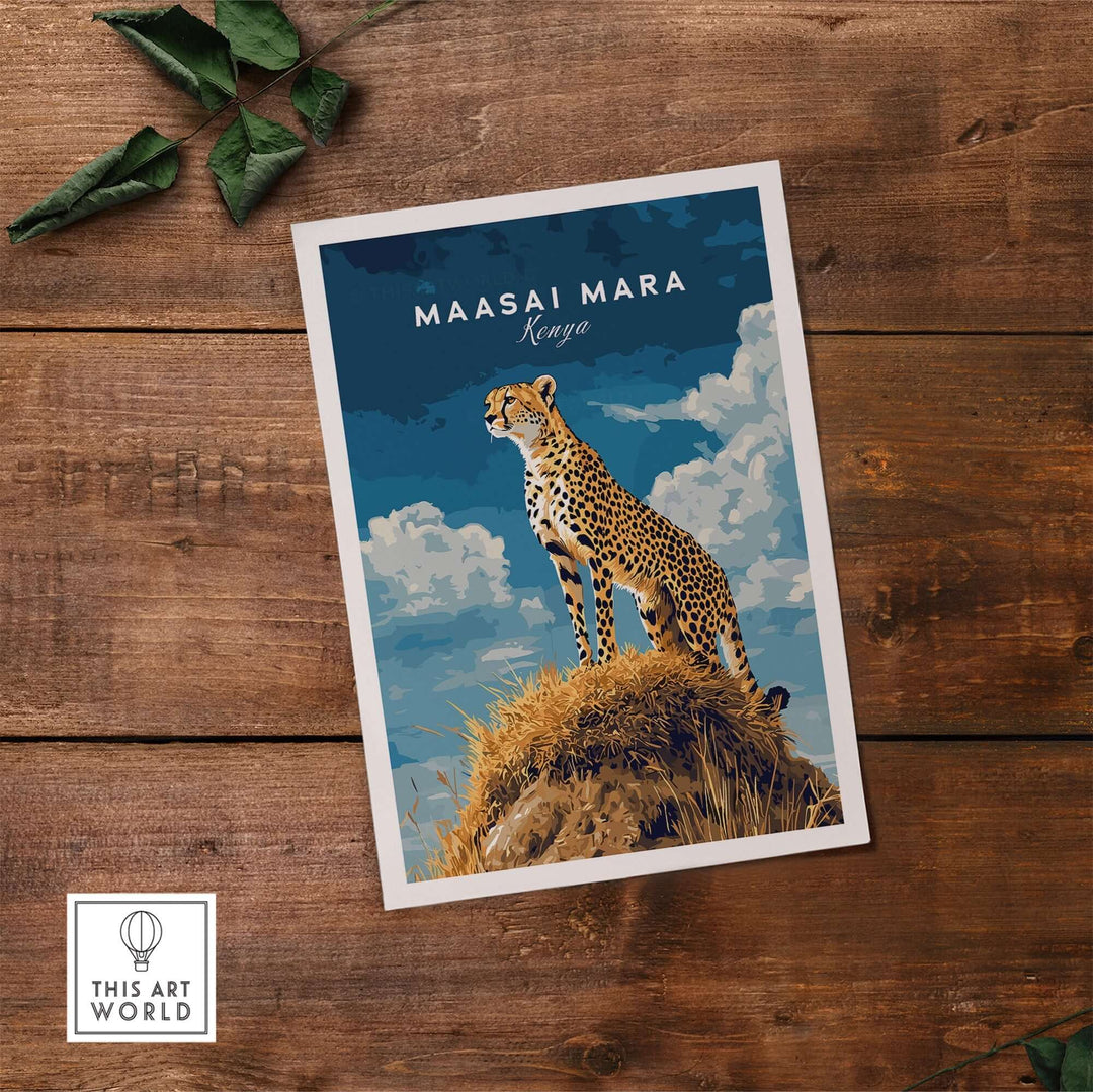 Maasai Mara print featuring a majestic cheetah atop a rocky outcrop against a blue sky, capturing the spirit of Kenya.