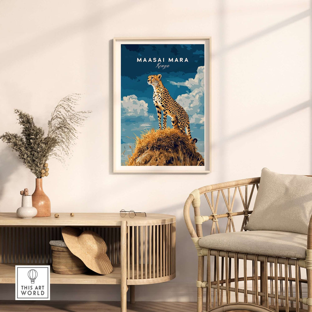 Maasai Mara Print featuring a cheetah against a blue sky, adding a safari vibe to home decor, perfect for adventure lovers.