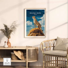 Maasai Mara Print Kenya showcasing a cheetah on a hill, embodying the spirit of the Kenyan savannah.