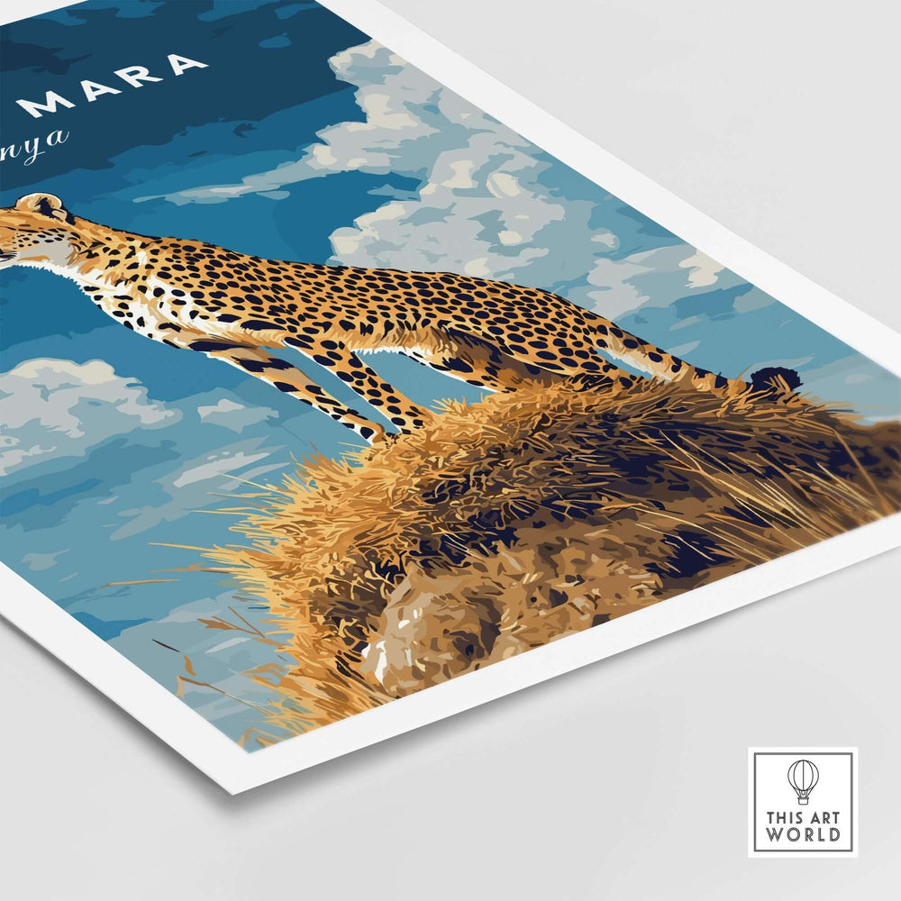 Maasai Mara print featuring a majestic cheetah on a rocky outcrop against a vibrant sky, inspired by Kenya's wildlife.