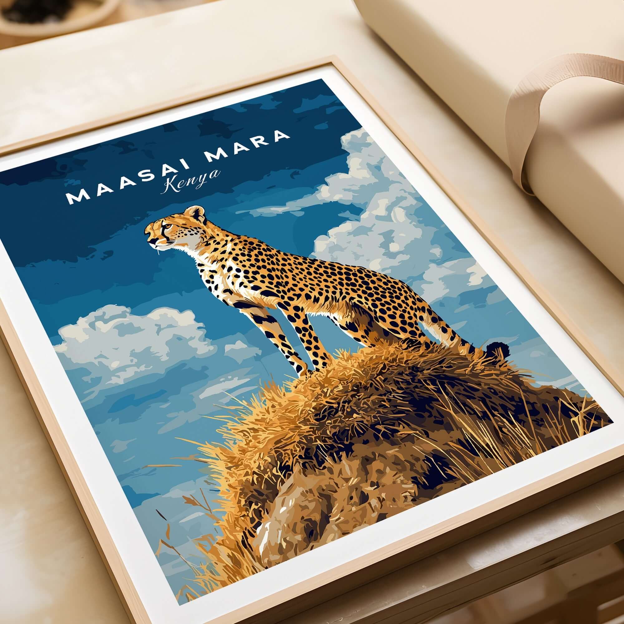 Maasai Mara Print Kenya featuring a majestic cheetah on a rocky outcrop against a vibrant sky.