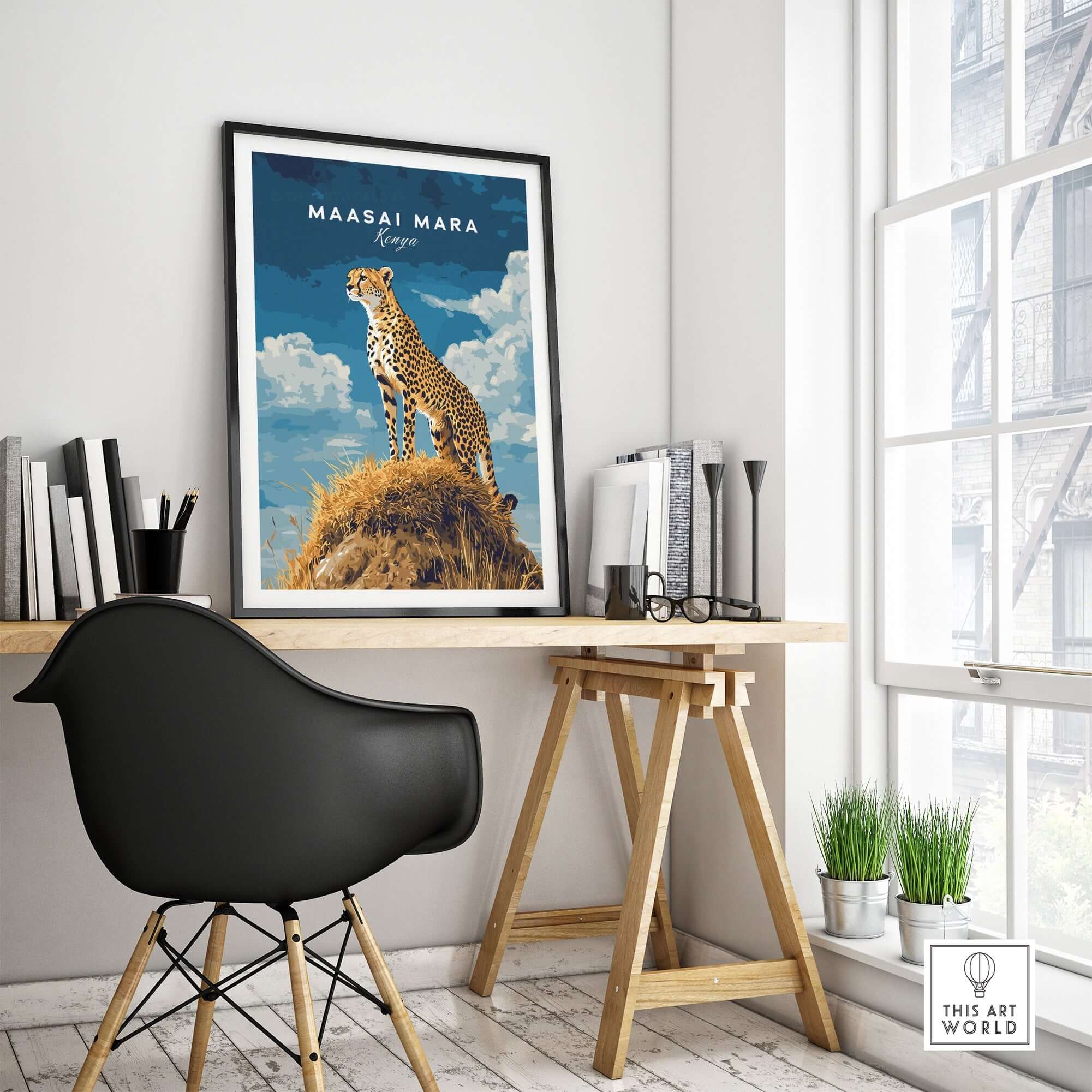 Maasai Mara Print Kenya showcasing a cheetah on a rock in a stylish interior office setting.