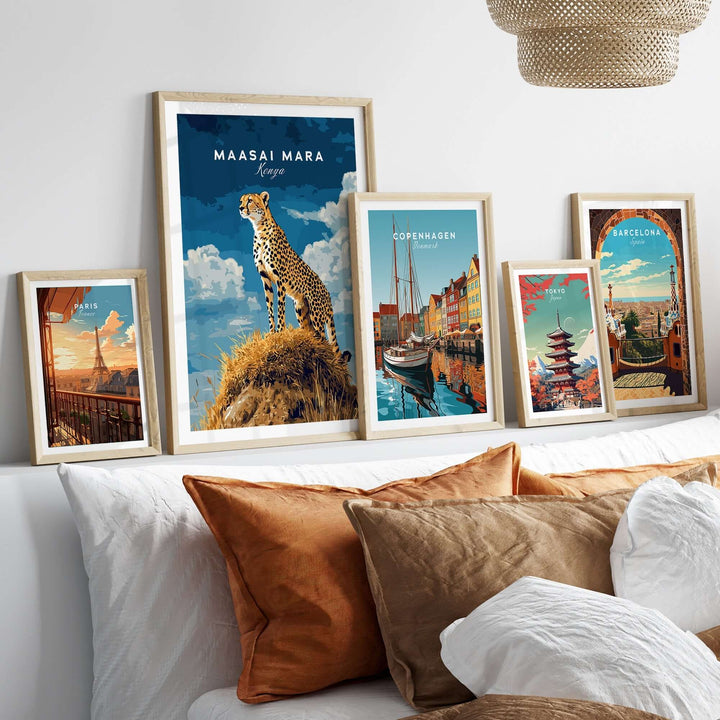 Maasai Mara print showcasing a cheetah, framed art collection in a stylish living room setting.