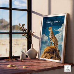 Maasai Mara Print Kenya featuring a majestic cheetah artwork by the window, bringing safari adventure to your home decor.