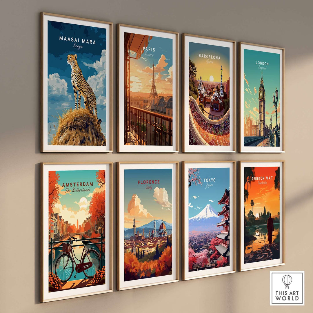 Colorful travel-themed prints including Maasai Mara and iconic cityscapes in stylish frames on a gallery wall.