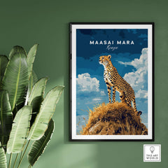 Maasai Mara Print Kenya featuring a powerful cheetah on a rock against a vibrant sky, ideal for safari lovers.