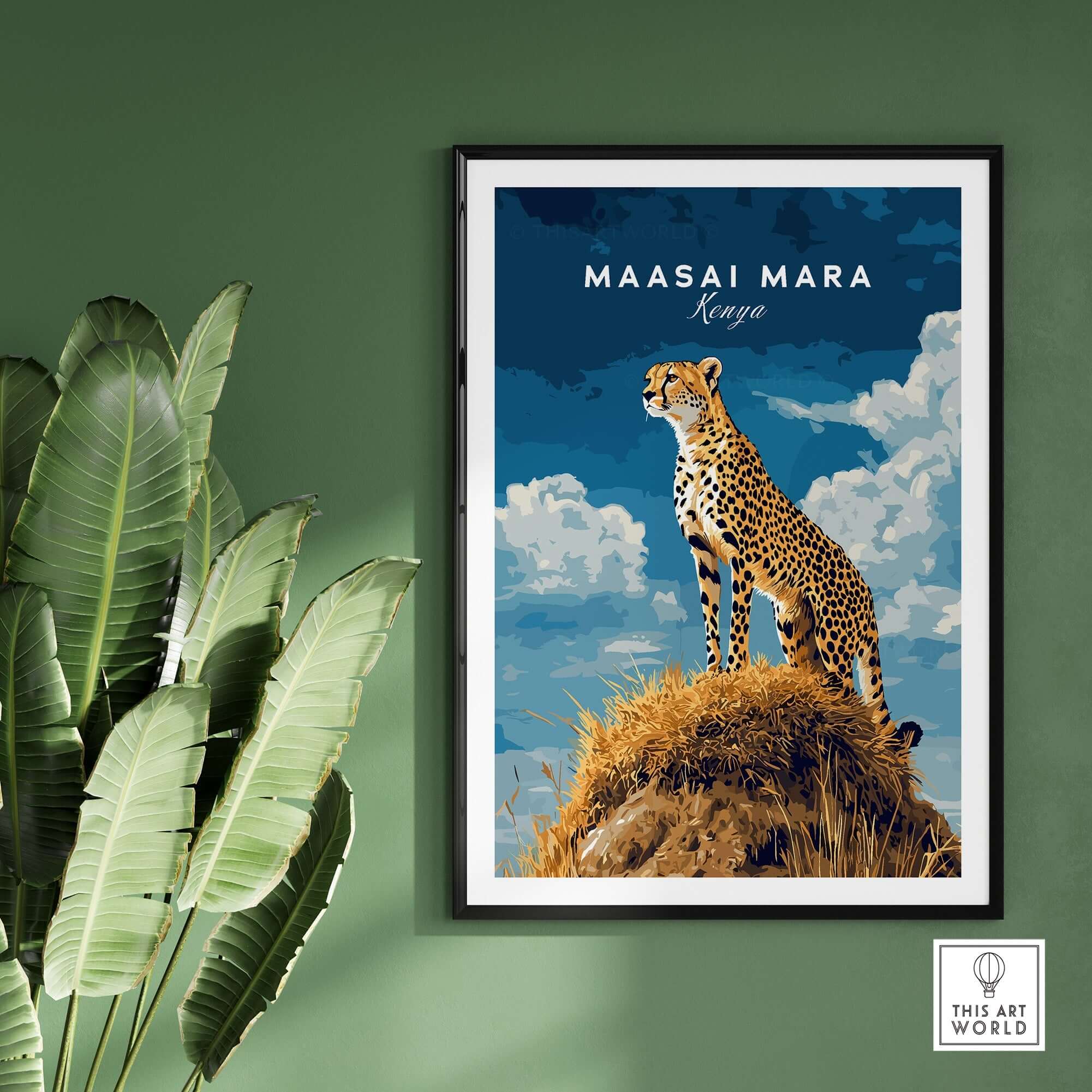 Maasai Mara Print Kenya featuring a powerful cheetah on a rock against a vibrant sky, ideal for safari lovers.