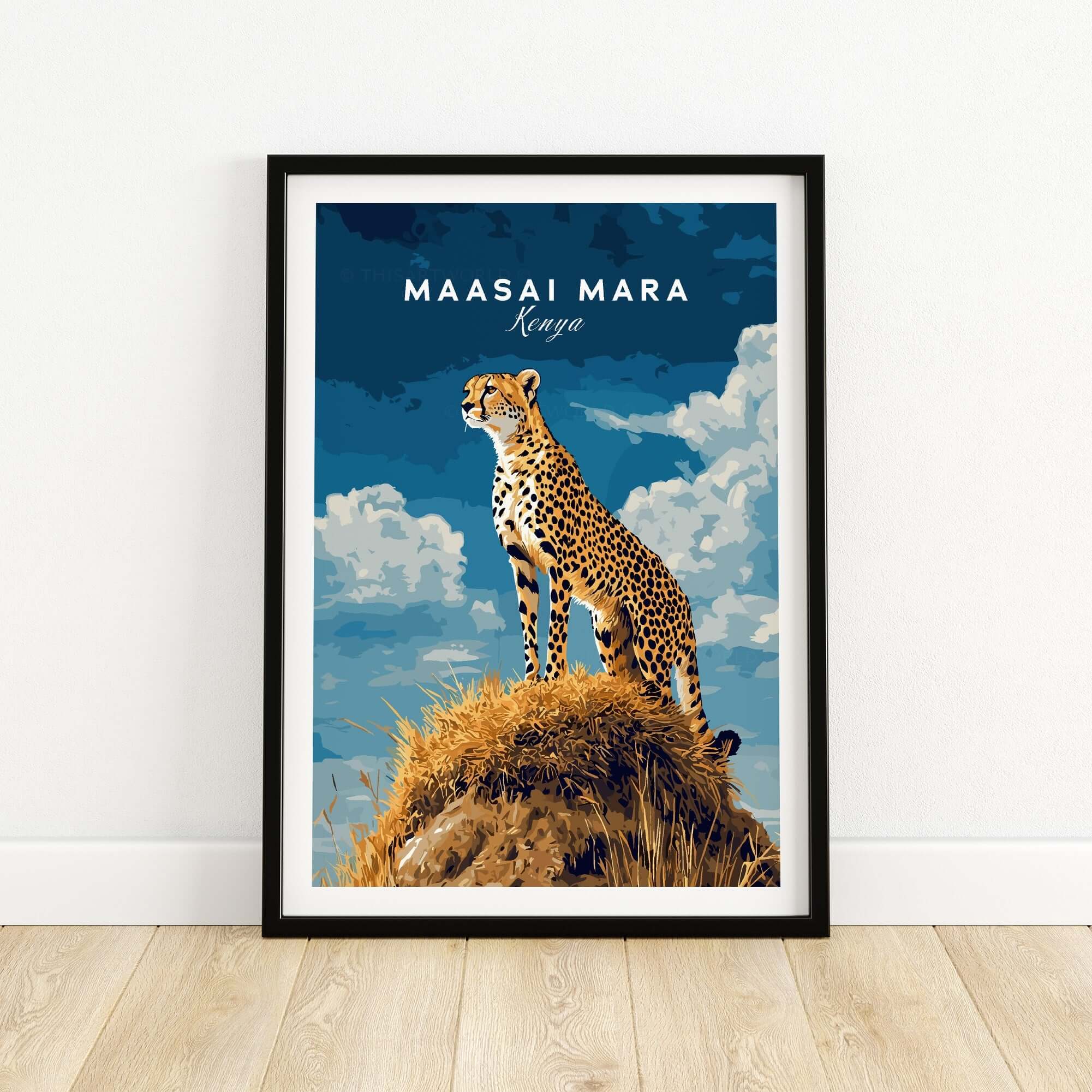 Maasai Mara Print Kenya featuring a cheetah on a rock with a blue sky and white clouds, perfect for safari lovers.