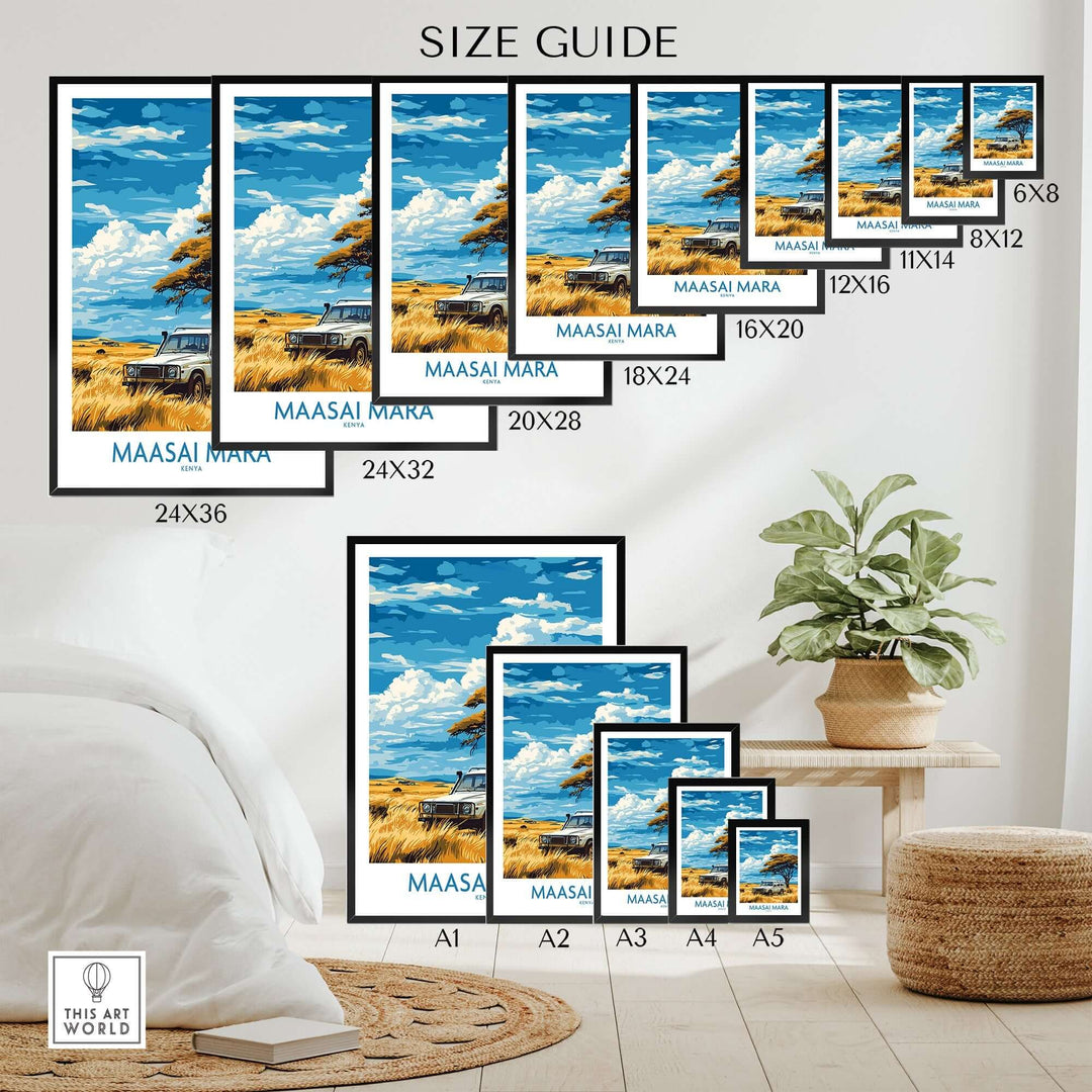 Size guide for Maasai Mara travel posters in various dimensions, showcasing vibrant landscapes and safari adventure.