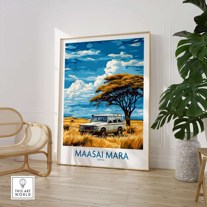 Maasai Mara travel poster featuring a safari vehicle against a vibrant Kenyan landscape with golden grass and a blue sky.