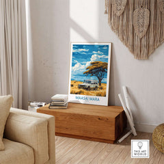 Maasai Mara Travel Poster featuring a safari vehicle and beautiful blue skies in a cozy room setting.