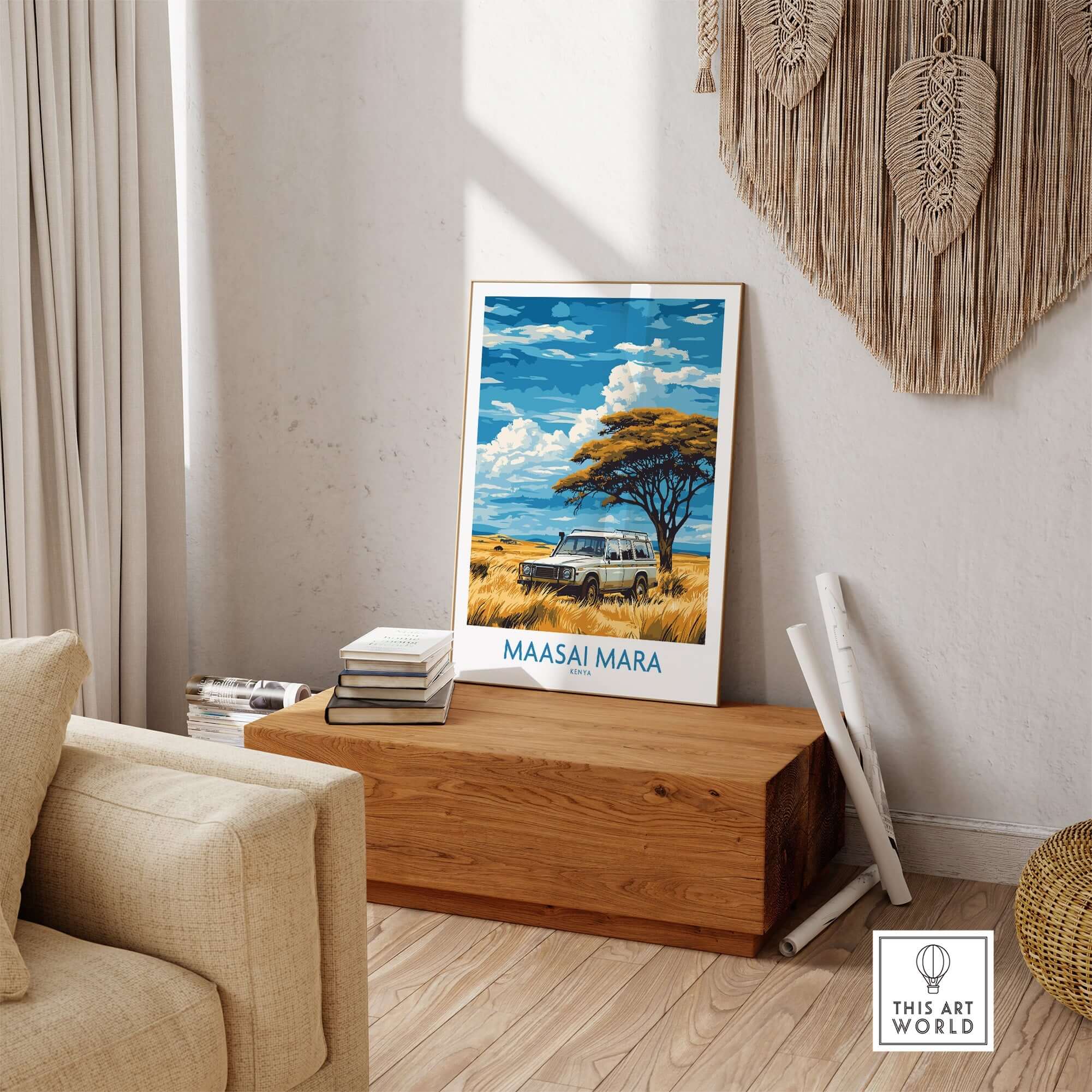 Maasai Mara Travel Poster featuring a safari vehicle and beautiful blue skies in a cozy room setting.
