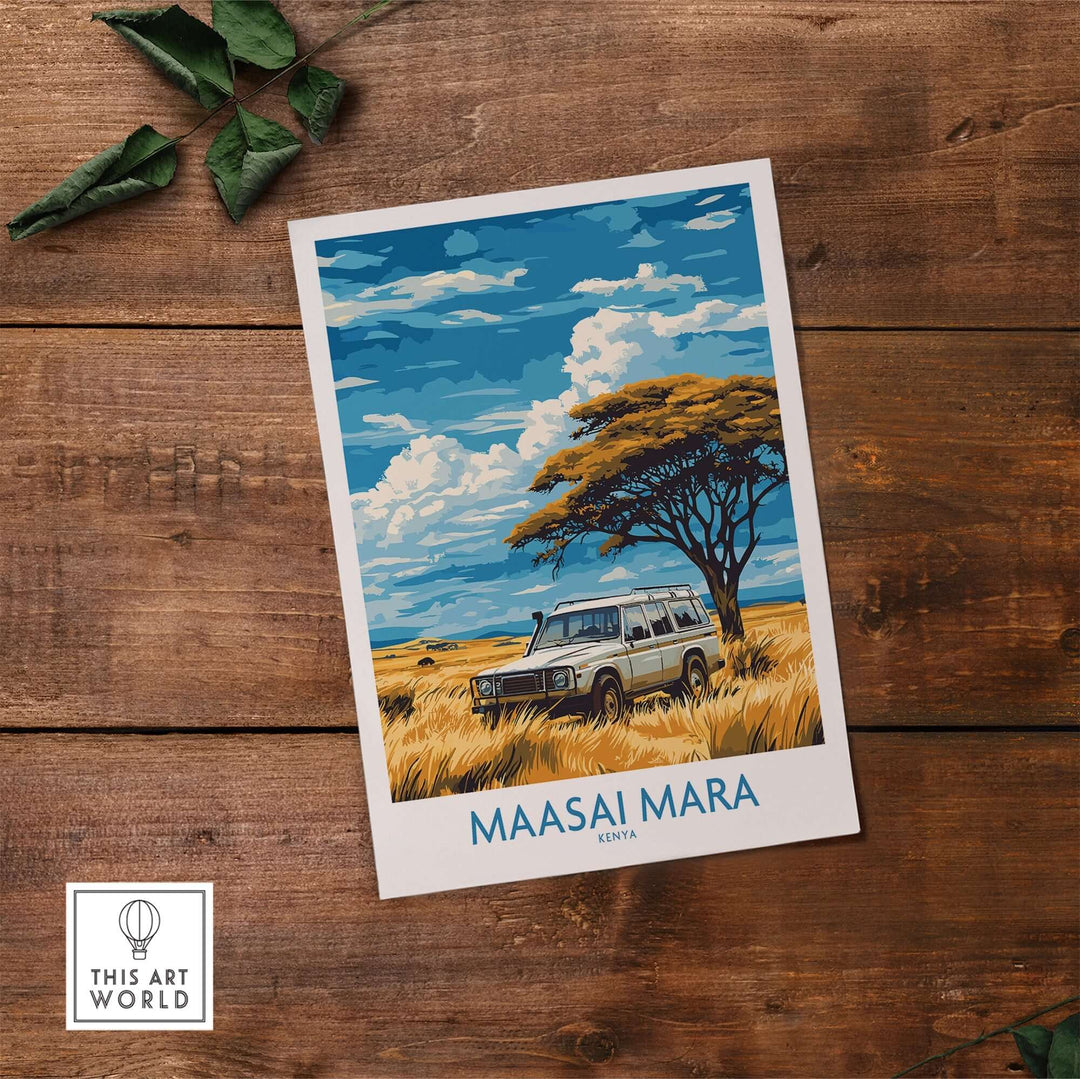 Maasai Mara Travel Poster featuring a safari vehicle under a vibrant tree against a scenic Kenyan landscape.