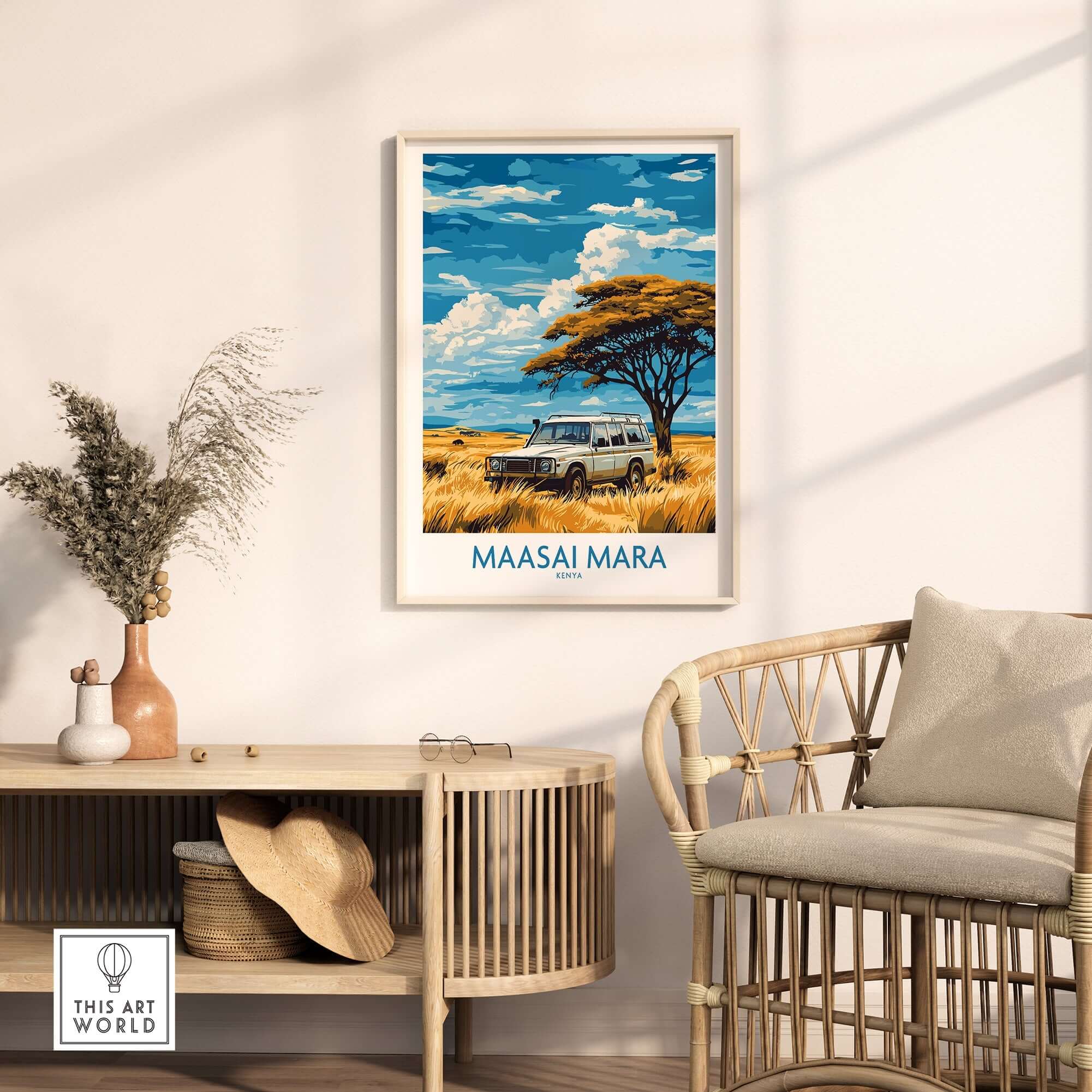 Maasai Mara Travel Poster showcasing a safari vehicle and iconic African landscape in a stylish home setting.