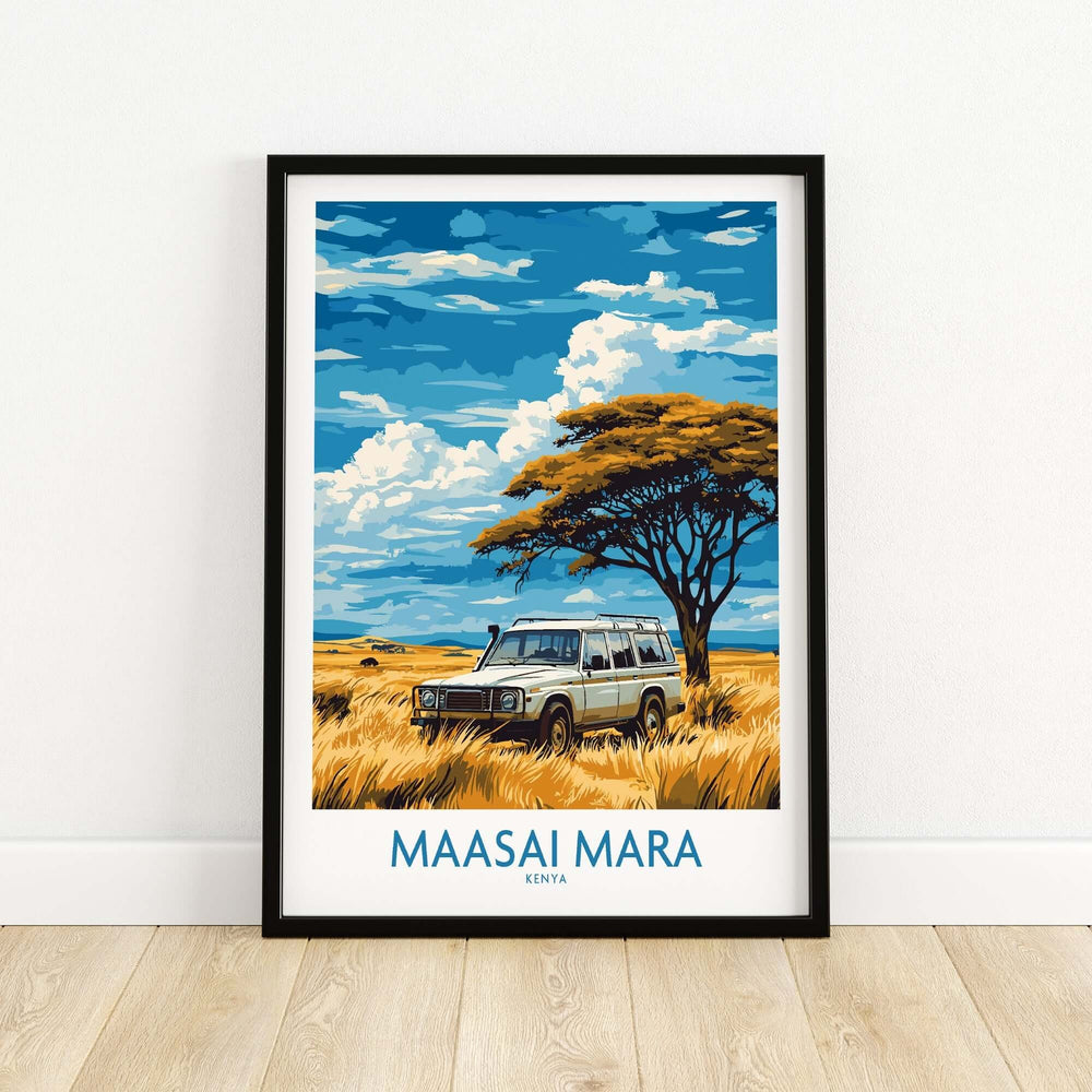 Maasai Mara travel poster featuring a safari vehicle under a tree against a vibrant sky and golden grass in Kenya.