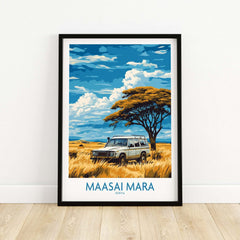 Maasai Mara Travel Poster featuring a safari vehicle under a tree against a vibrant Kenyan landscape.