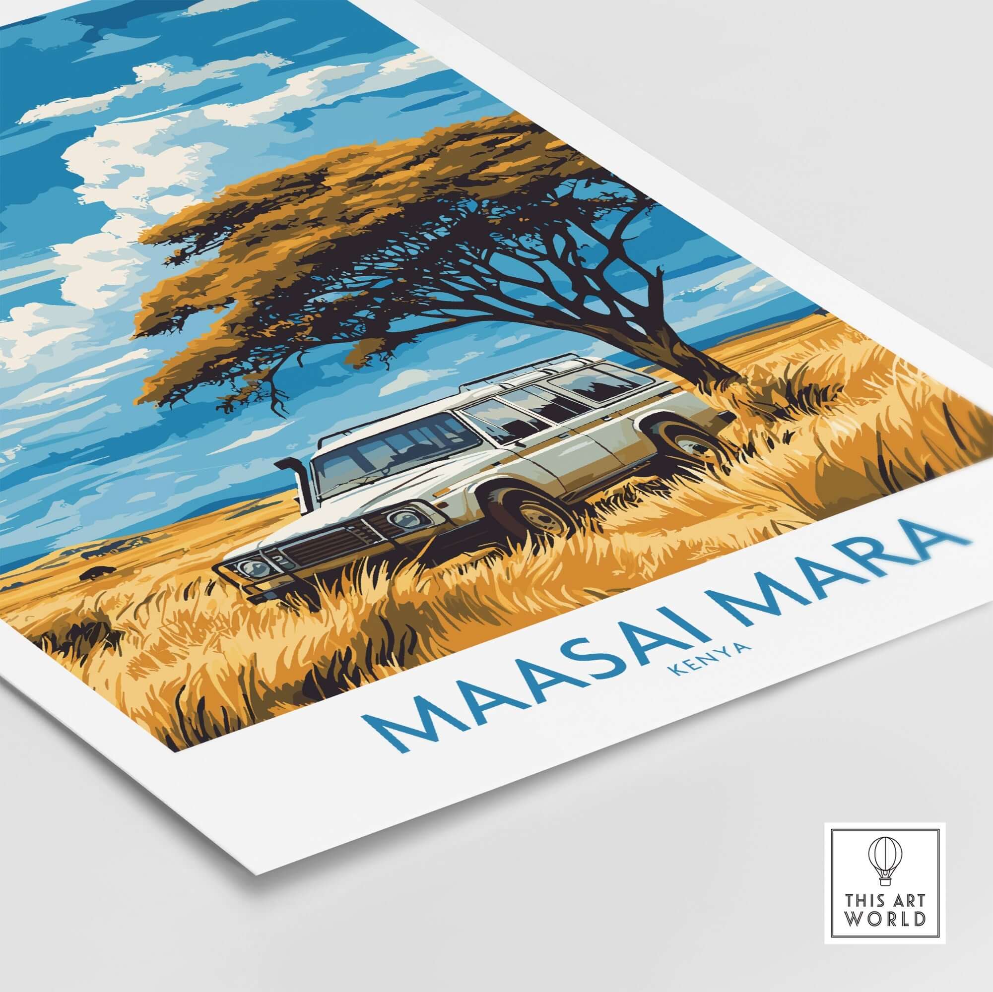 Maasai Mara Travel Poster featuring a safari vehicle amidst the Kenyan landscape with golden grass and blue skies.