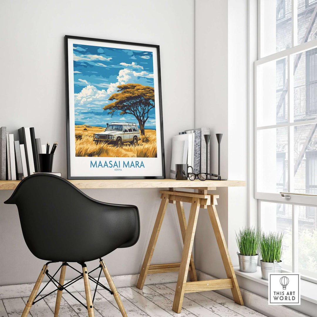 Maasai Mara travel poster featuring a safari vehicle in the Kenyan wilderness, displayed in a stylish interior setting.