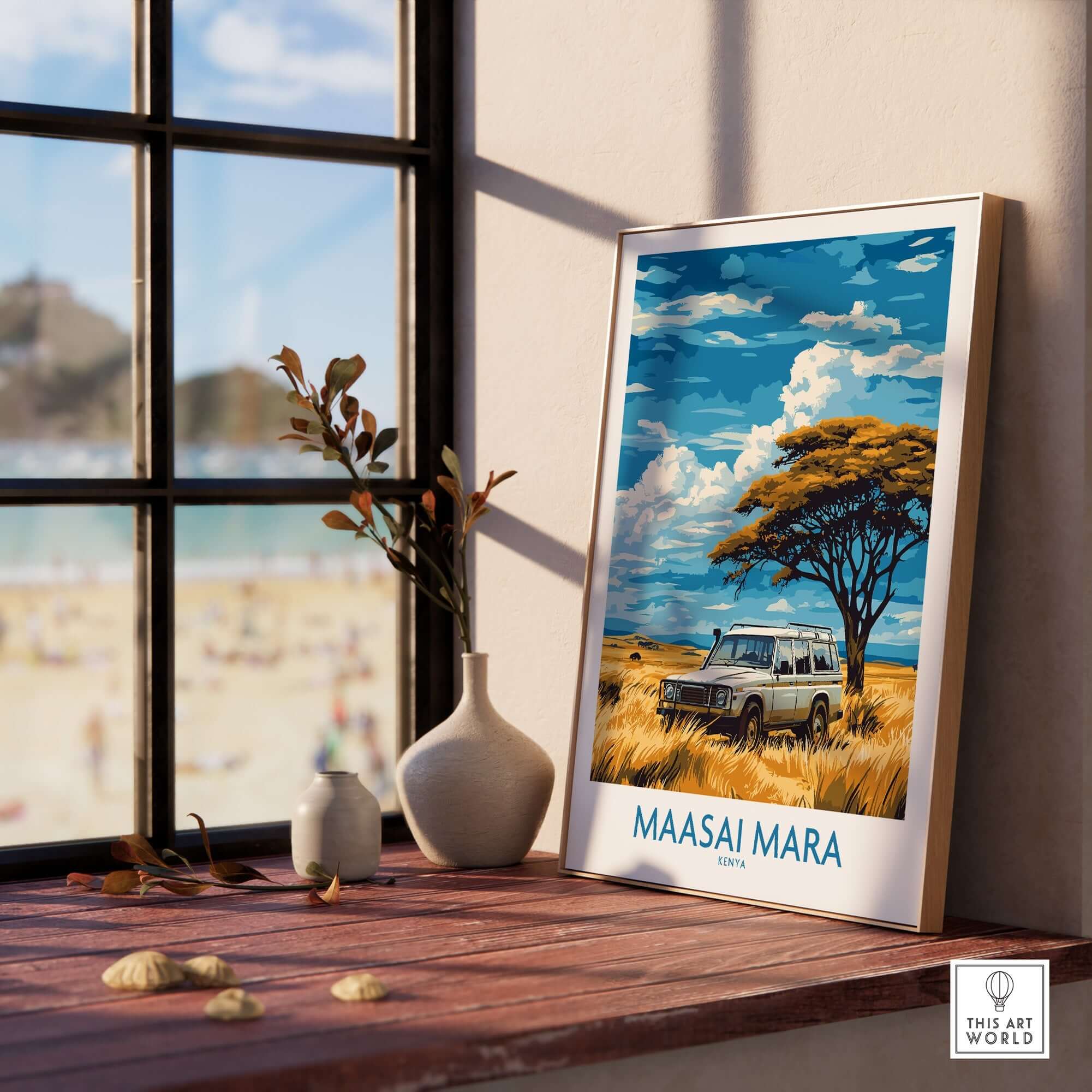 Maasai Mara Travel Poster displayed in a room with a scenic view of the Kenyan landscape and safari vehicle.