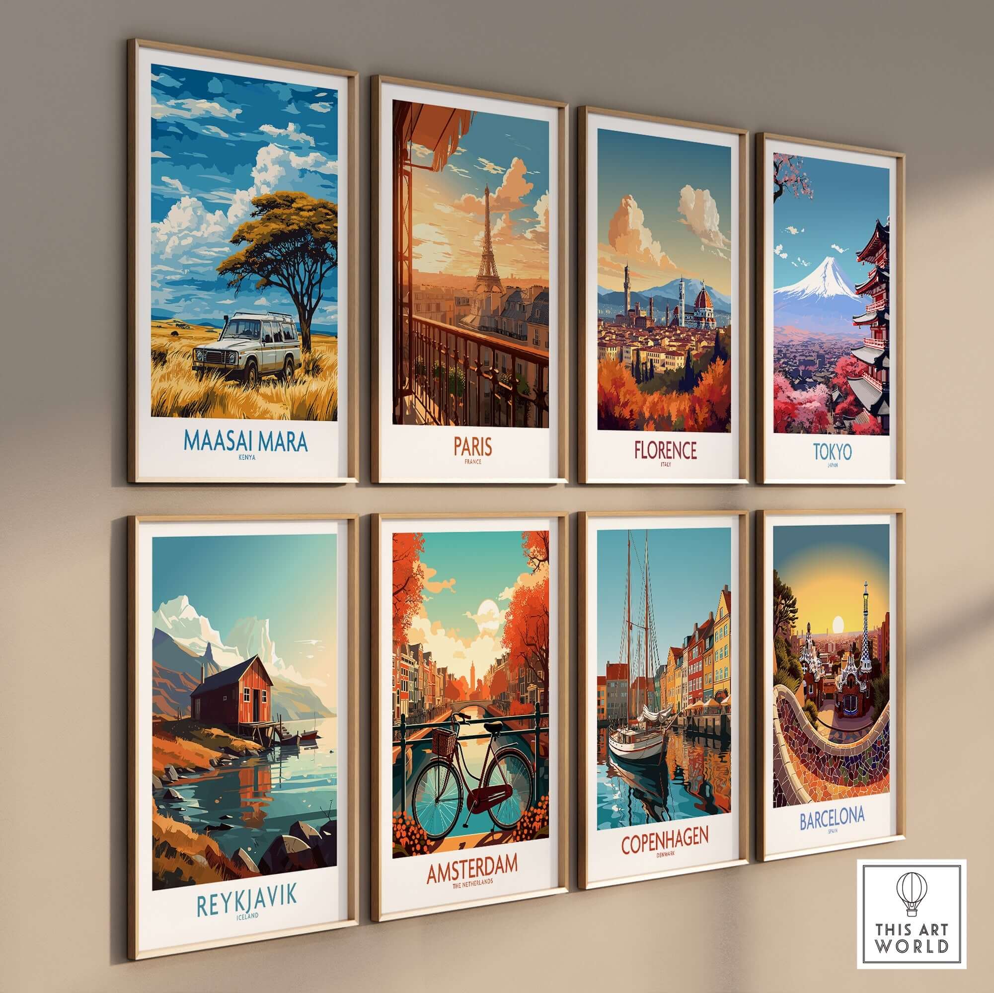 A collection of travel posters featuring Maasai Mara, Paris, Florence, Tokyo, Reykjavik, Amsterdam, Copenhagen, and Barcelona.