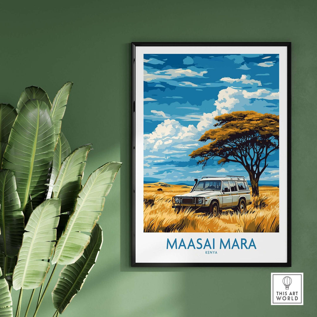 Maasai Mara travel poster featuring a safari vehicle and acacia tree against a vibrant blue sky and golden grasslands.