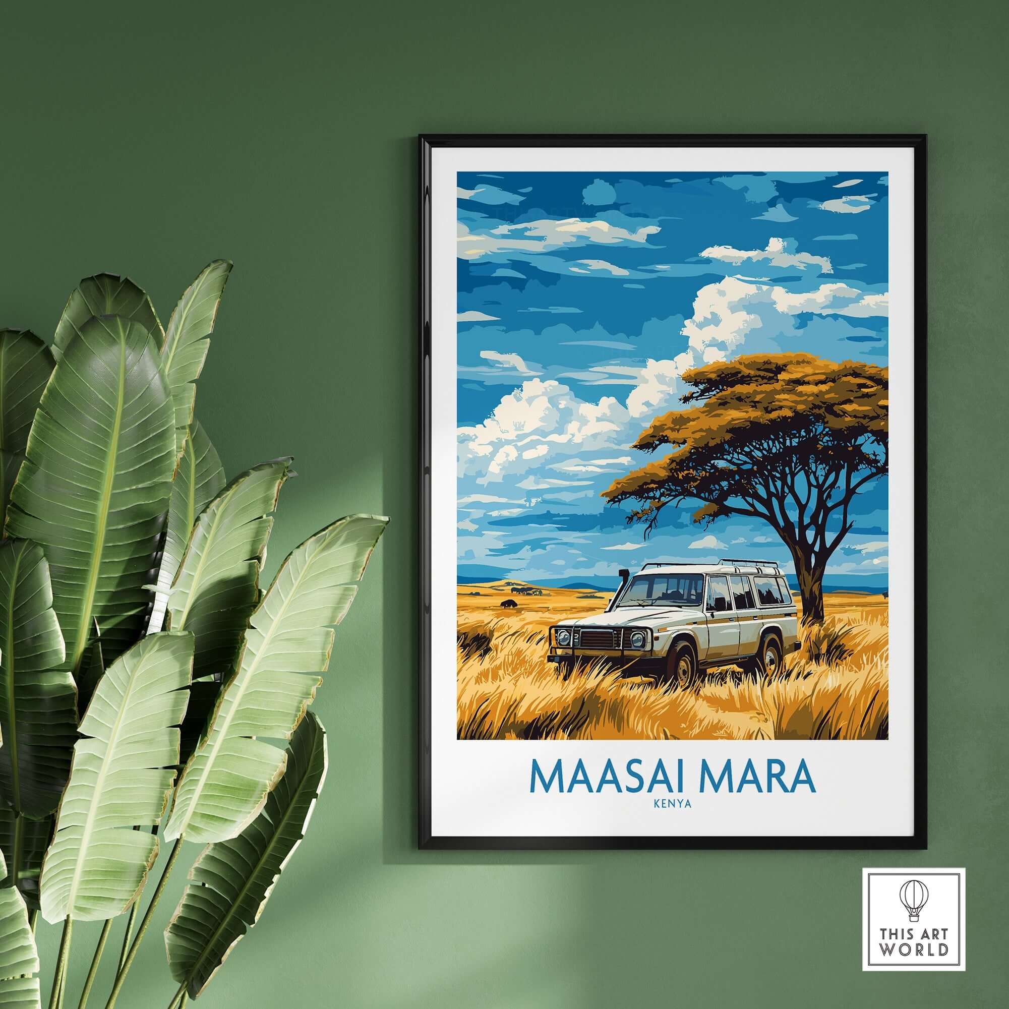 Maasai Mara Travel Poster featuring a safari vehicle and stunning Kenyan landscapes.