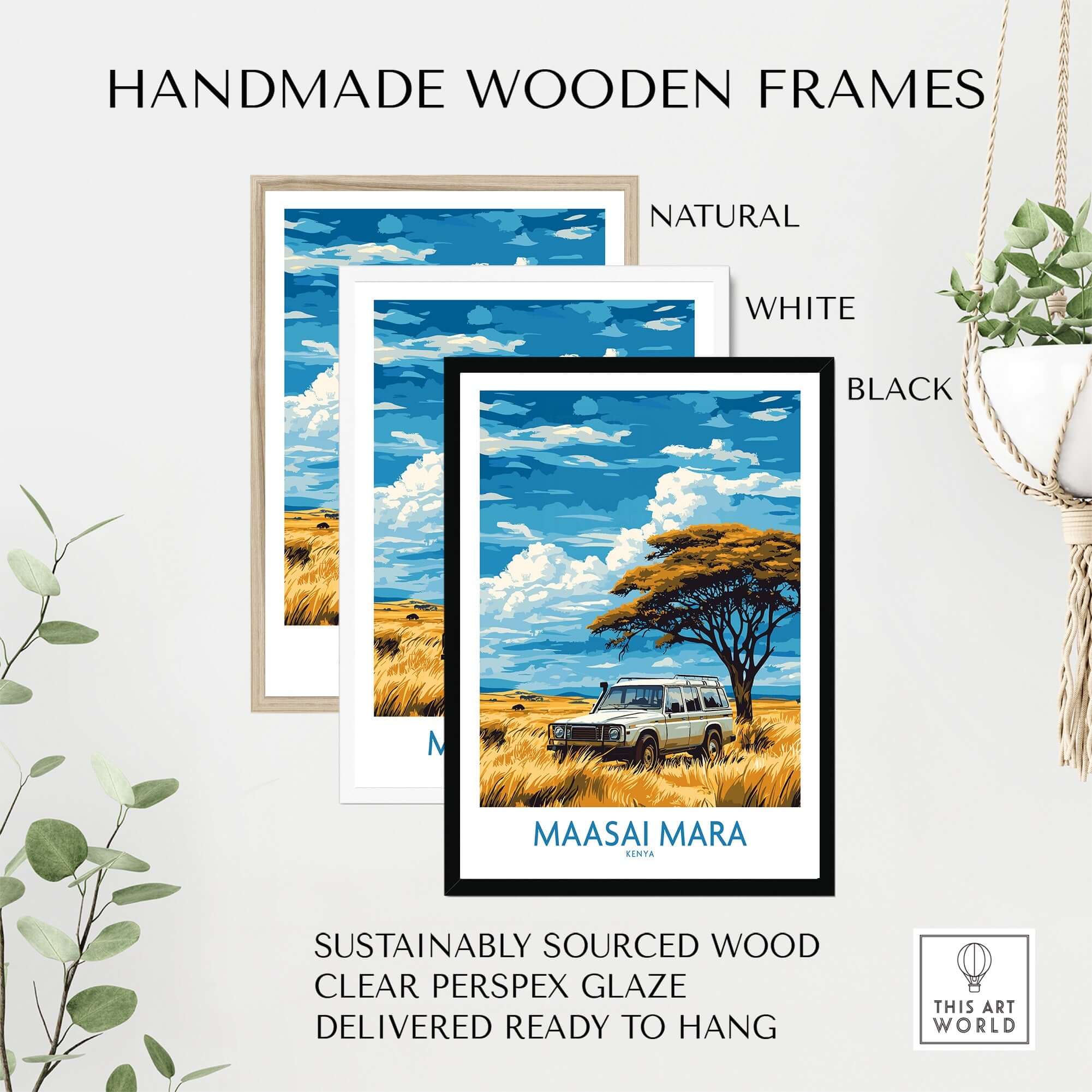 Maasai Mara Travel Poster displayed in handmade wooden frames in natural, white, and black finishes.