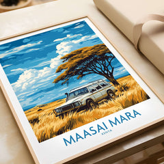 Maasai Mara Travel Poster showcasing a safari vehicle in the Kenyan landscape with vibrant colors and a scenic sky.