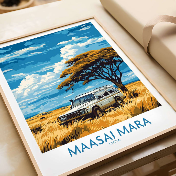 Maasai Mara travel poster showcasing a safari vehicle against vibrant Kenyan landscapes and striking blue skies.