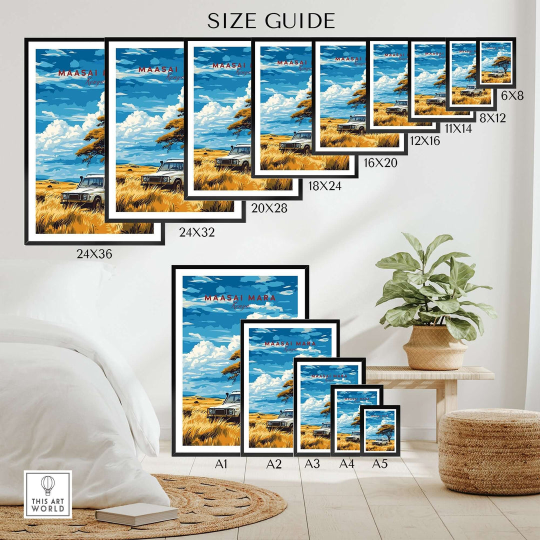 Size guide for Maasai Mara Travel Print showcasing various frame options in a stylish home setting.