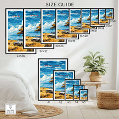 Size guide for Maasai Mara Travel Print in various dimensions and showcase setting with modern decor.