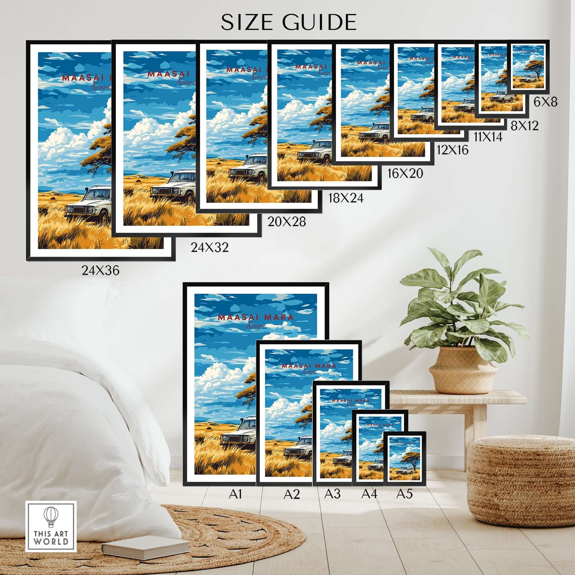 Size guide for Maasai Mara Travel Print in various dimensions and showcase setting with modern decor.