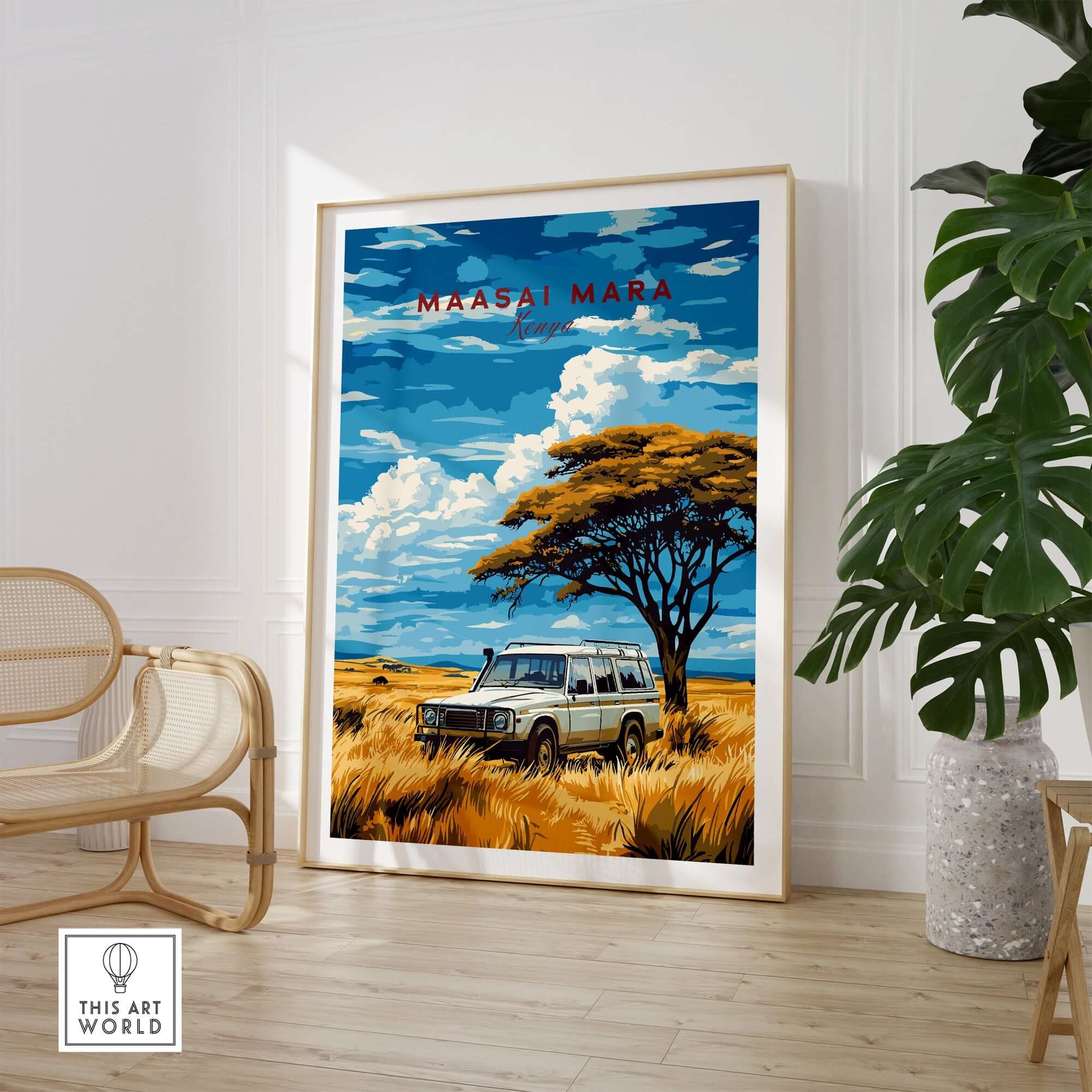 Maasai Mara Travel Print showcasing an iconic African safari scene with a car and a beautiful acacia tree.
