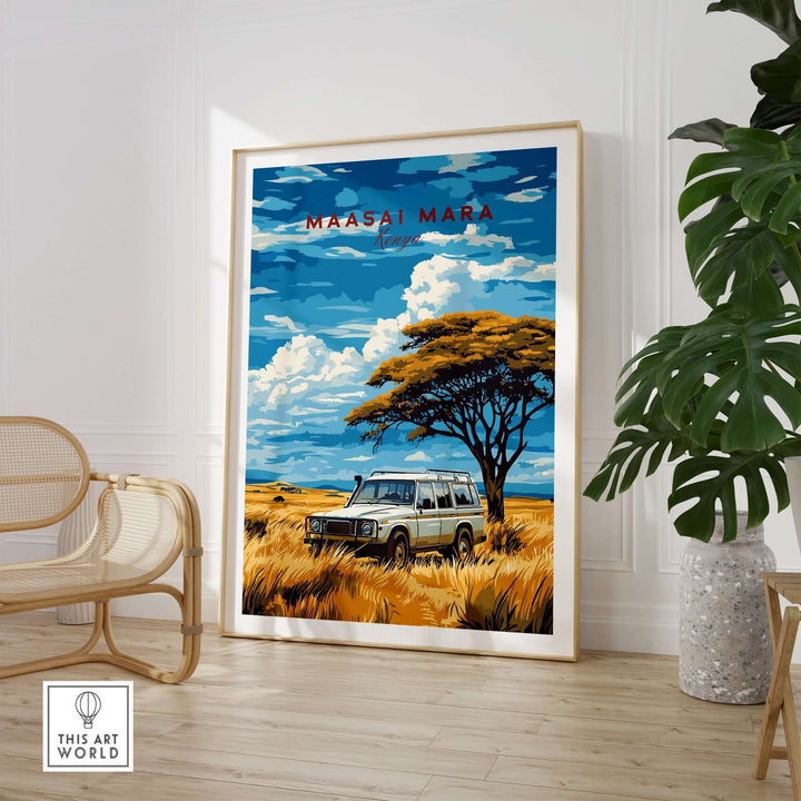 Maasai Mara Travel Print showcasing an iconic safari scene with a vehicle and acacia tree in a vibrant landscape.