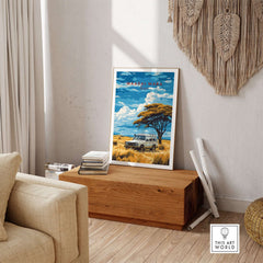Maasai Mara Travel Print showcasing a safari scene with a vintage vehicle and iconic landscape in a home setting.