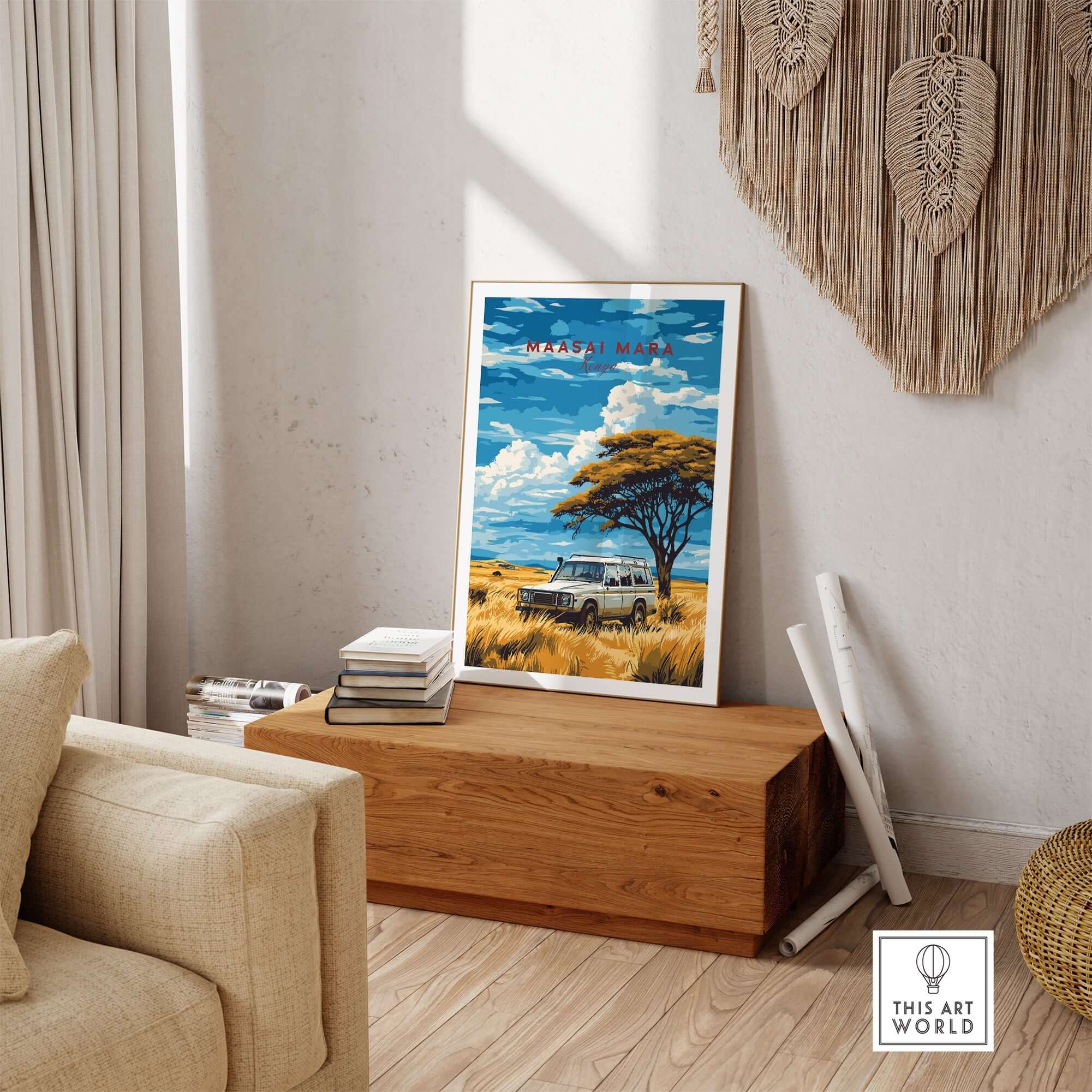 Maasai Mara Travel Print showcasing a safari scene with a vintage vehicle and iconic landscape in a home setting.