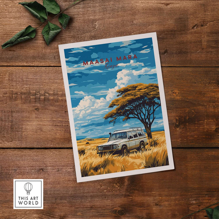 Maasai Mara travel print featuring a safari vehicle under a vibrant sky and acacia tree, perfect for adventure lovers.