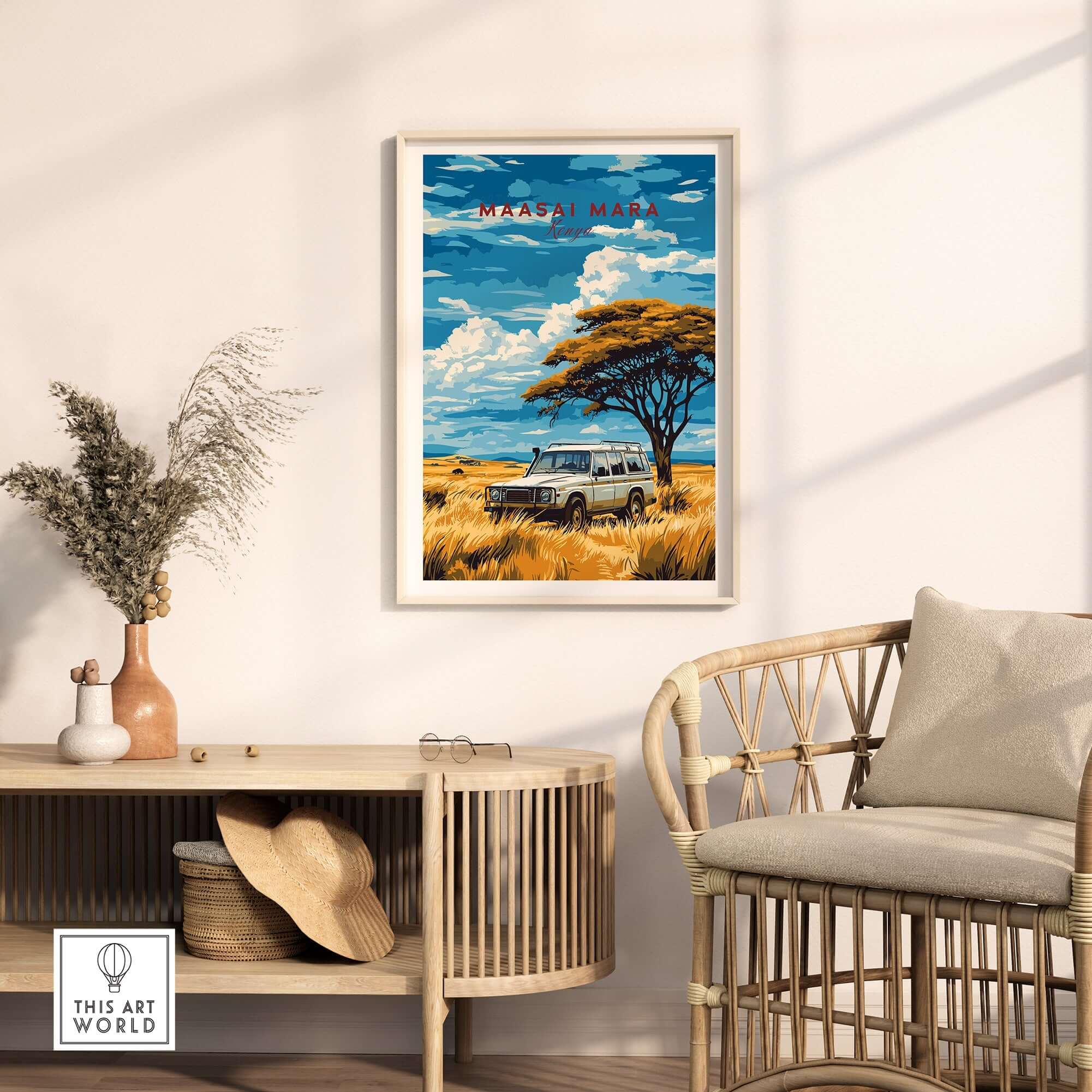Maasai Mara Travel Print showcasing a safari vehicle under a beautiful sky in a tastefully decorated living space.