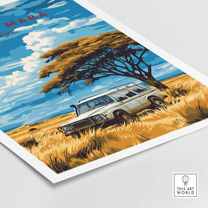 Maasai Mara Travel Print featuring a safari vehicle under a tree in a vibrant African landscape. Perfect for travel enthusiasts.