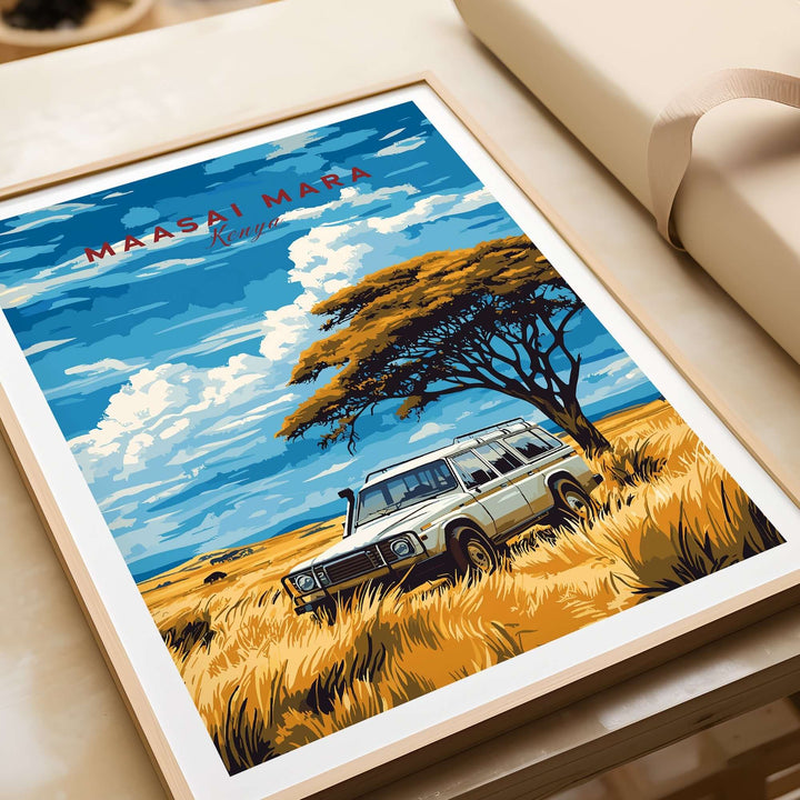 Maasai Mara travel print featuring a safari vehicle and a vibrant landscape with a tree against a blue sky.